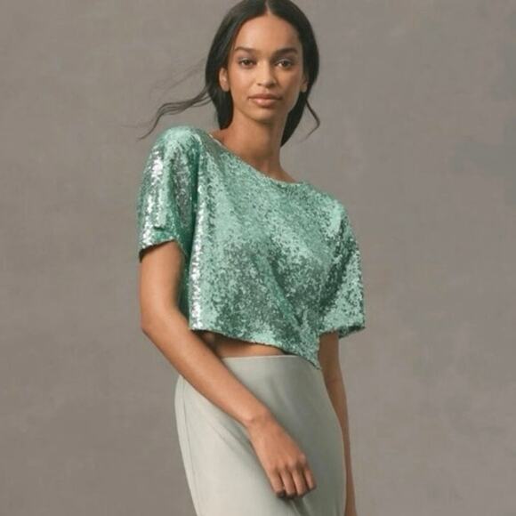 By Anthropologie Sequin Glitter Short Sleeve Cropped Turquoise Top, Size Small - Picture 3 of 12